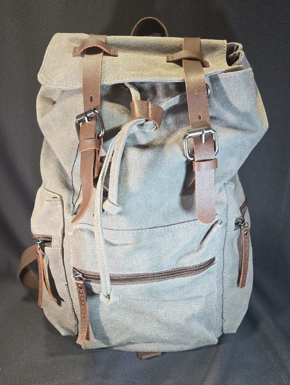Greg Norman Collection Gray Canvas Drawstring Backpack with Brown Leather Straps